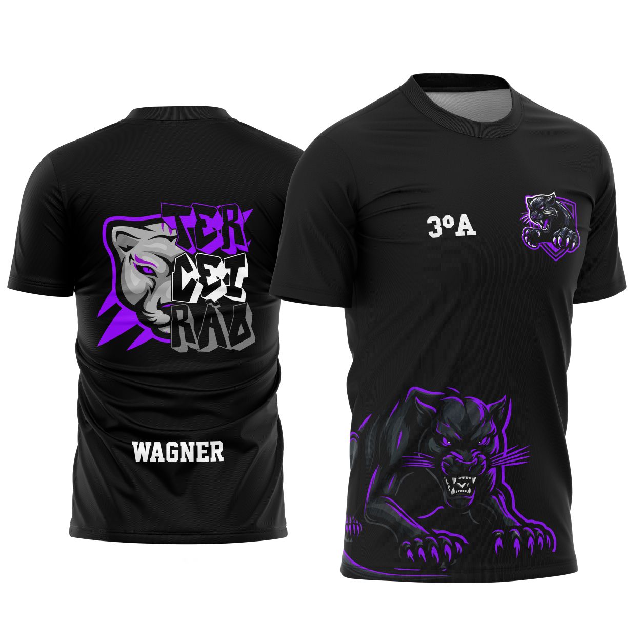Camisa personalizada com logo no peito e estampa grande nas costas, apresentando um design impactante de pantera negra em estilo urbano, perfeita para celebrar o espírito do Terceirão com atitude e originalidade.