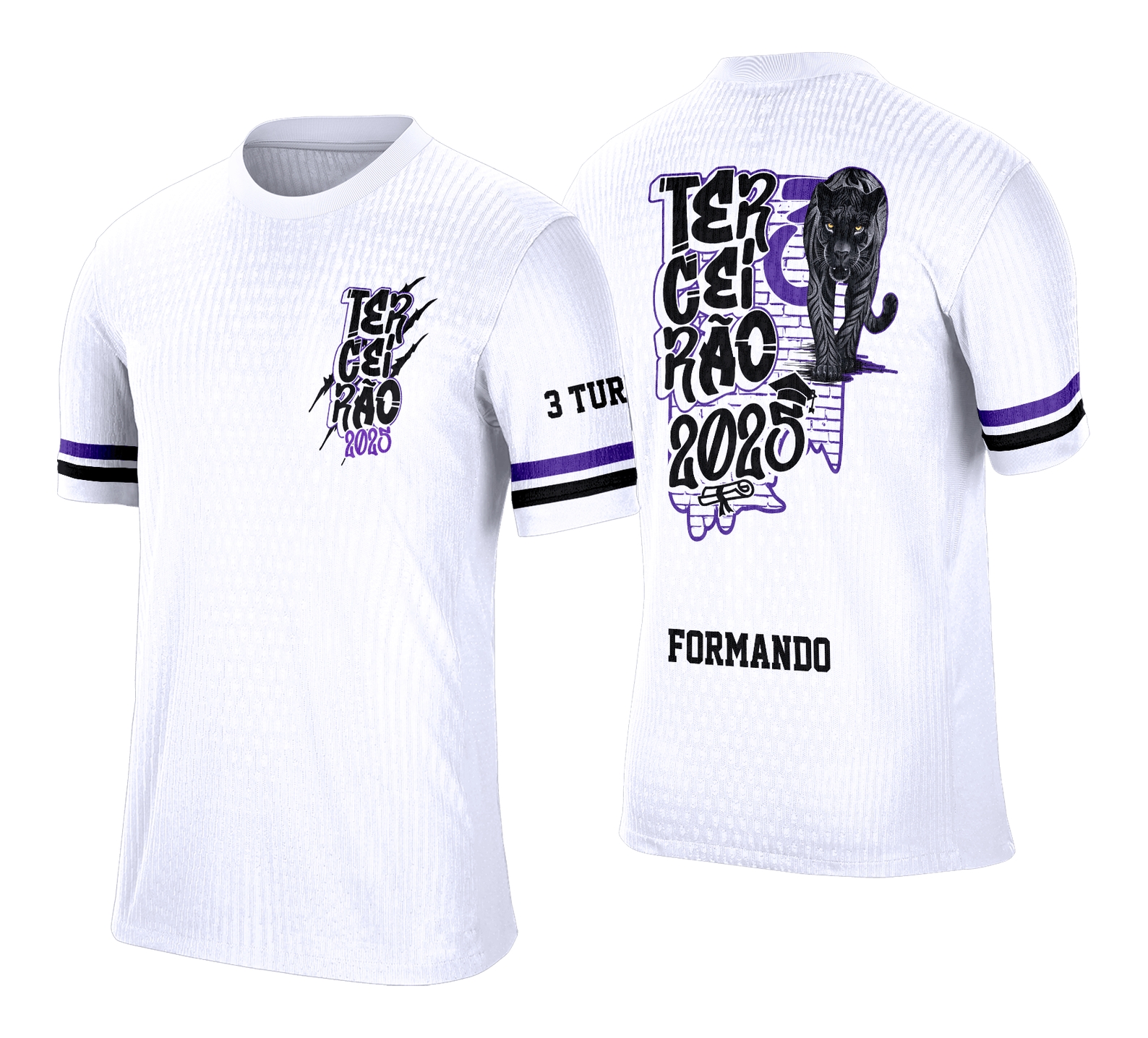 Camiseta unissex preta com logo no peito e estampa grande nas costas, tema Terceirão Pantera Negra, estilo jovem e marcante perfeito para estudantes