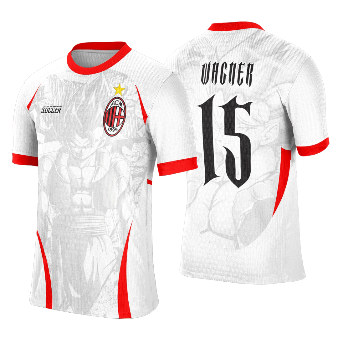 Camiseta preta unissex com logo no peito e estampa grande nas costas, tema inspirado em AC MILAN e Dragon Ball Z, perfeita para fãs de futebol e anime.