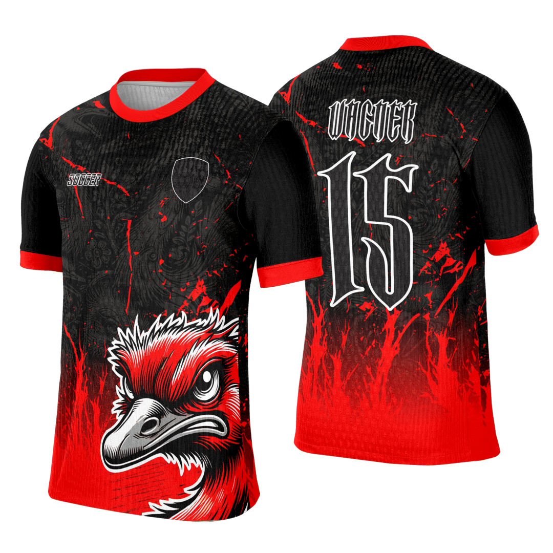 Camiseta unissex preta com logo no peito e estampa grande nas costas, mostrando design inspirado no Interclasse Avestruz - 0132, ideal para uso casual e eventos escolares.