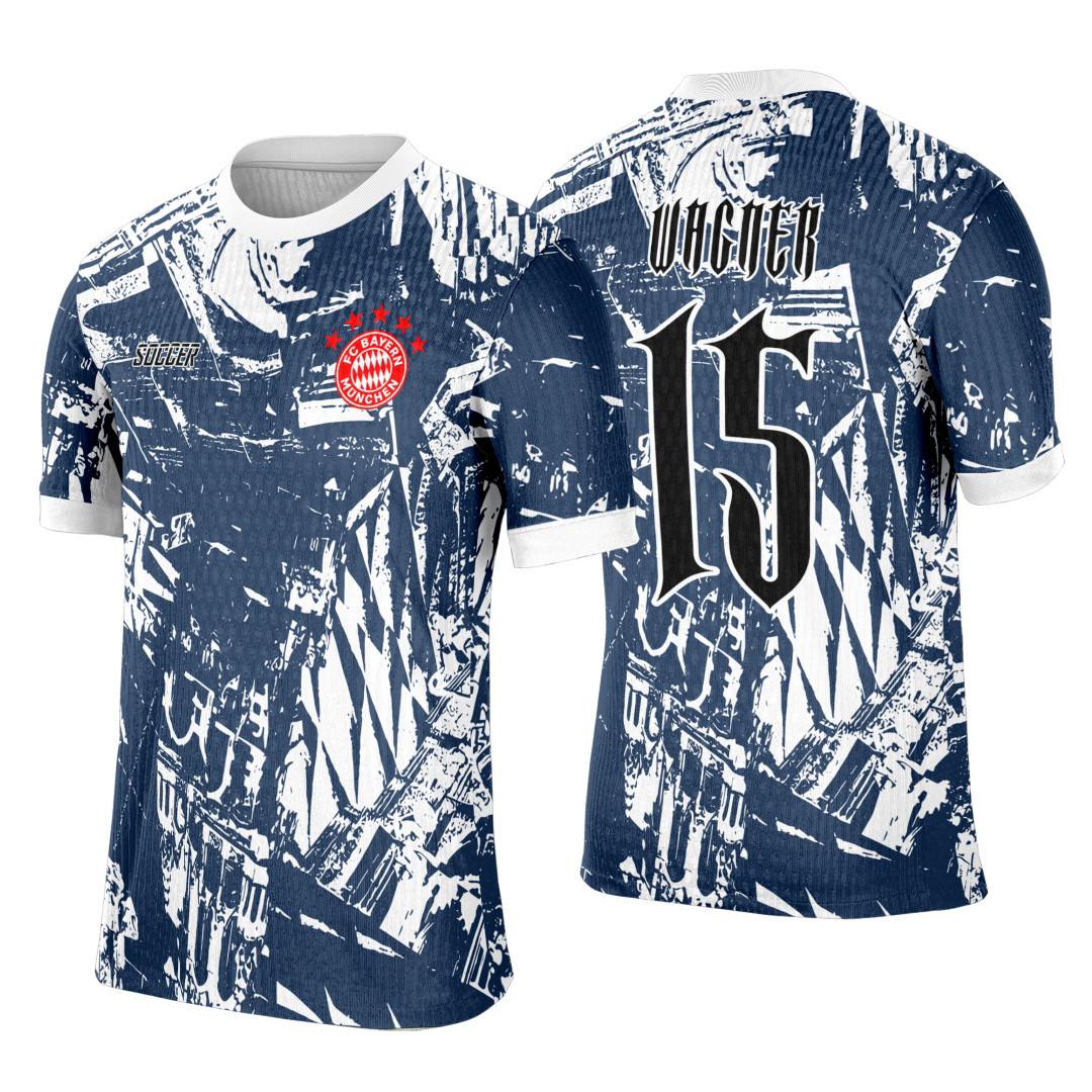 Camiseta unissex preta com logo no peito e estampa grande nas costas, inspirada no Bayern Munchen para interclasse