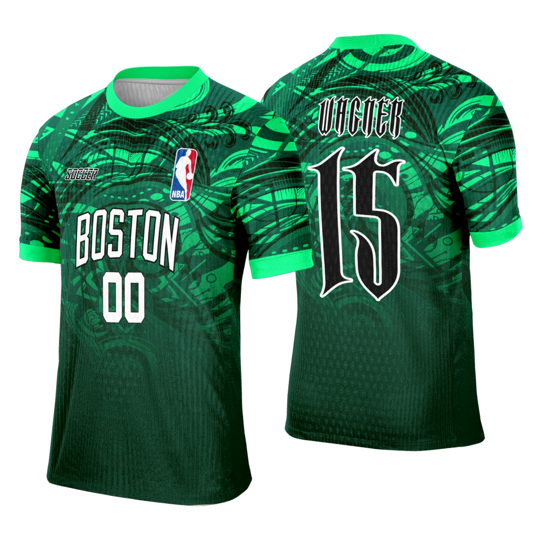 Camiseta unissex preta com logo no peito e estampa grande nas costas do Boston Celtics, ideal para fãs de basquete e estilo esportivo.