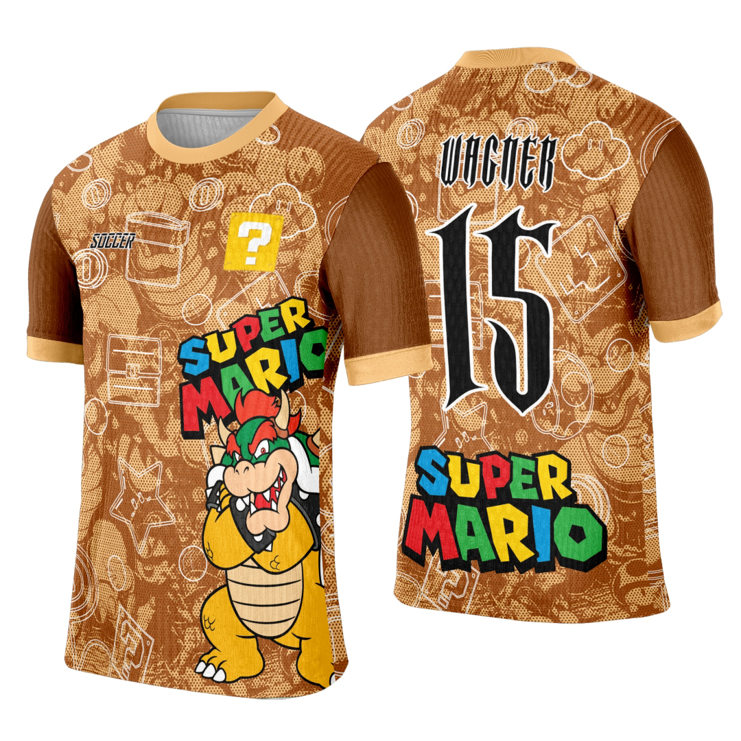 Camiseta unissex preta com logo no peito e estampa grande nas costas inspirada em Bowser do Super Mario Bros, perfeita para fãs e eventos temáticos.