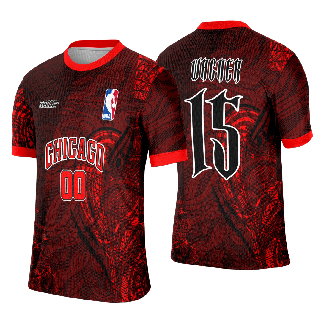 Camiseta preta unissex com logo no peito e estampa grande nas costas do time Chicago Bulls, ideal para eventos interclasse