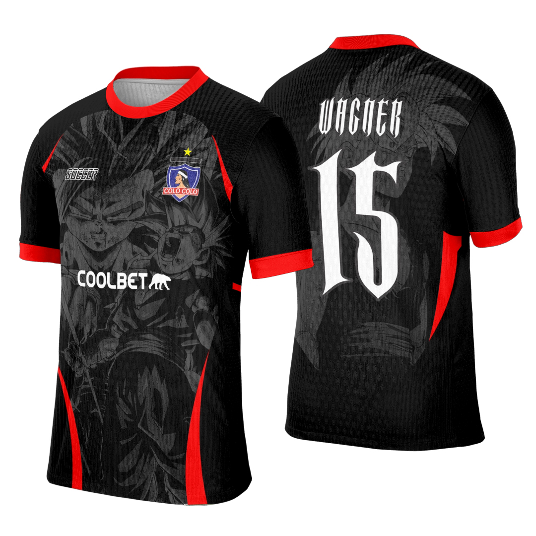 Camiseta unissex preta com logo no peito e estampa grande nas costas do tema Camisa Interclasse Colo Colo Dragon Ball Z, ideal para fãs do anime e times de escola.