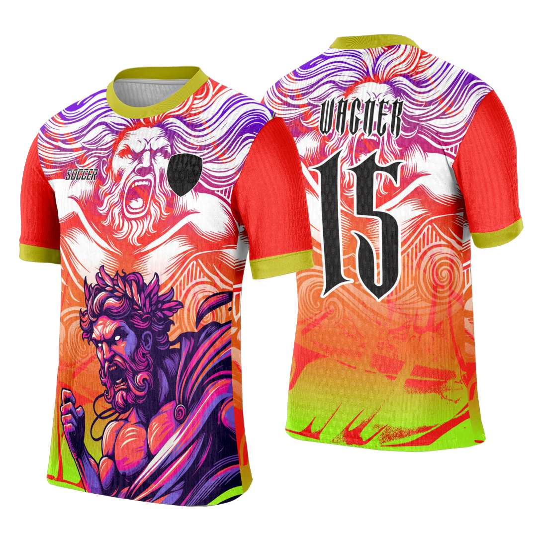 Camiseta unissex preta com logo no peito e estampa grande nas costas inspirada em Deus Grego, estilo moderno e marcante para eventos interclasse.