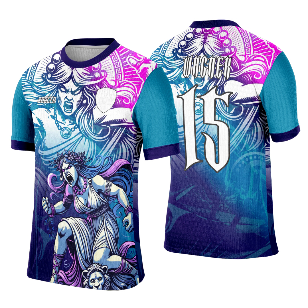 Camiseta unissex preta com logo no peito e estampa grande nas costas inspirada em Deusa Grega, design moderno, ideal para eventos interclasse