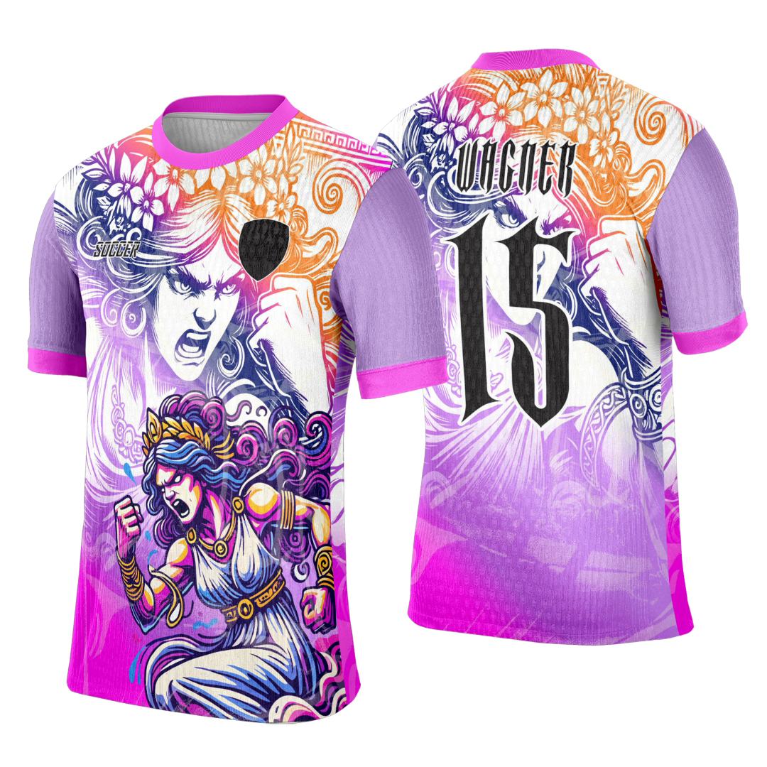 Camiseta unissex preta com logo no peito e estampa grande nas costas com tema Deusa Grega para eventos interclasse