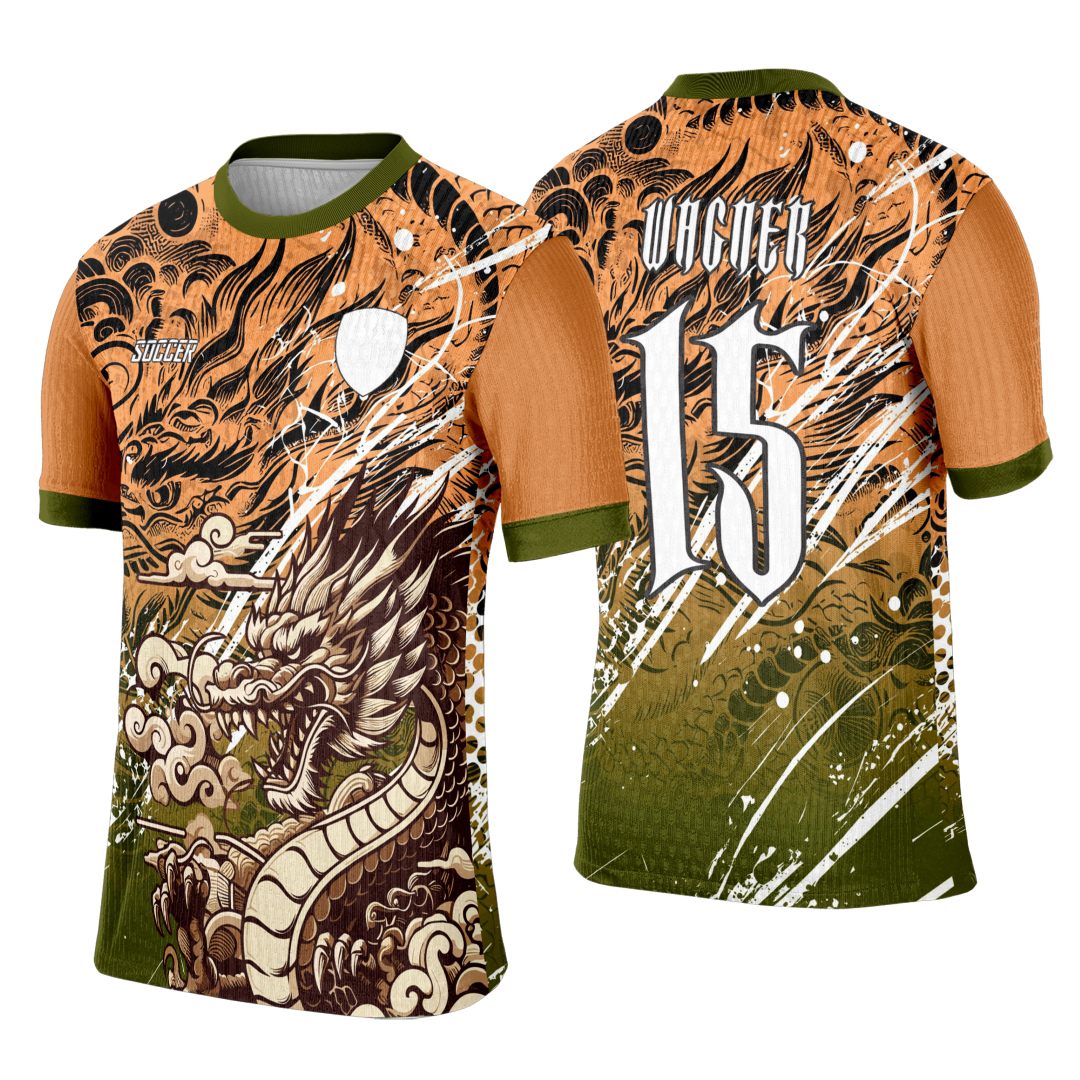 Camiseta unissex preta com logo no peito e estampa grande nas costas mostrando dragão intenso, estilo interclasse, perfeita para eventos e uso casual.