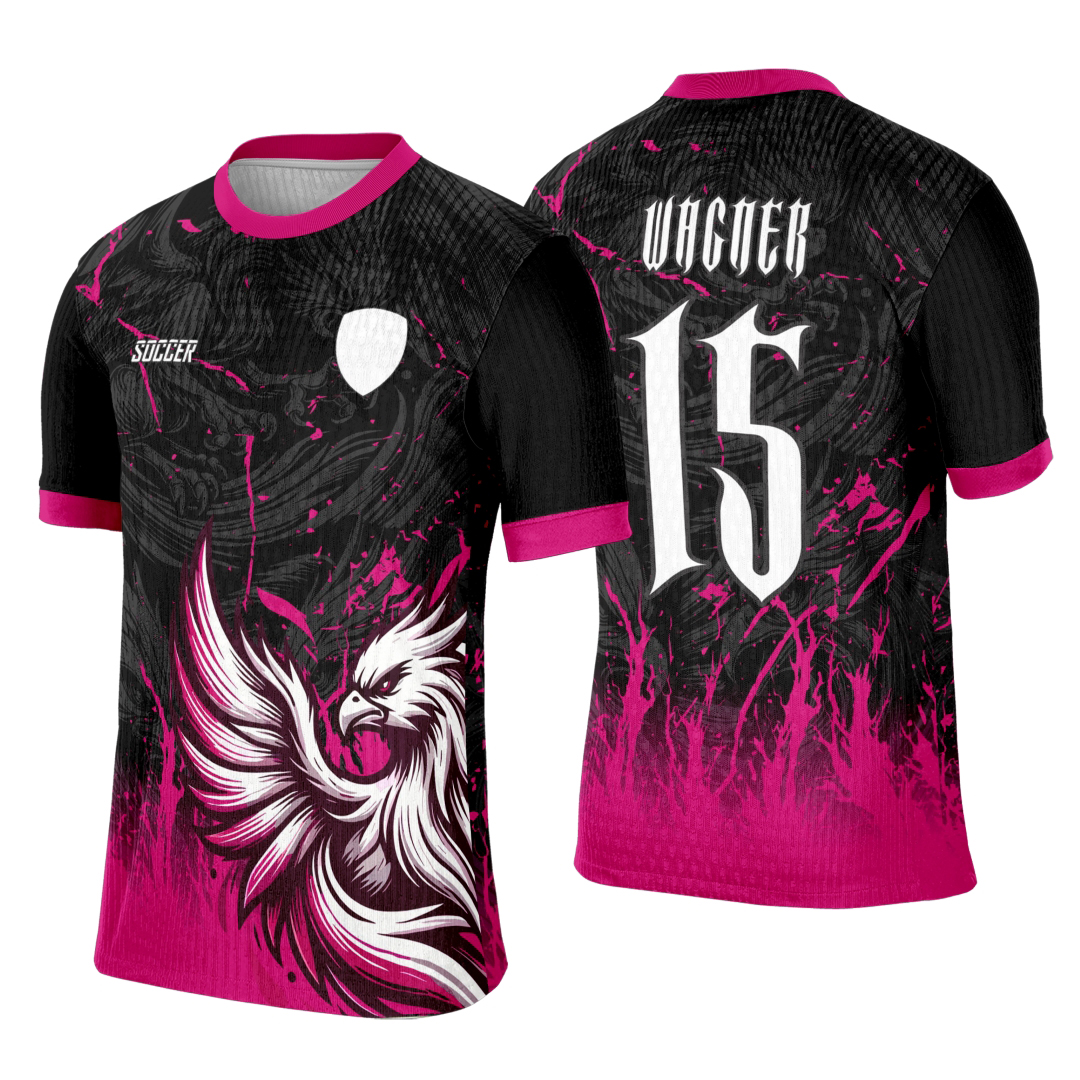 Camiseta unissex preta com logo no peito e estampa grande nas costas representando Fênix em Chama Rosa, ideal para torcida e eventos interclasse.