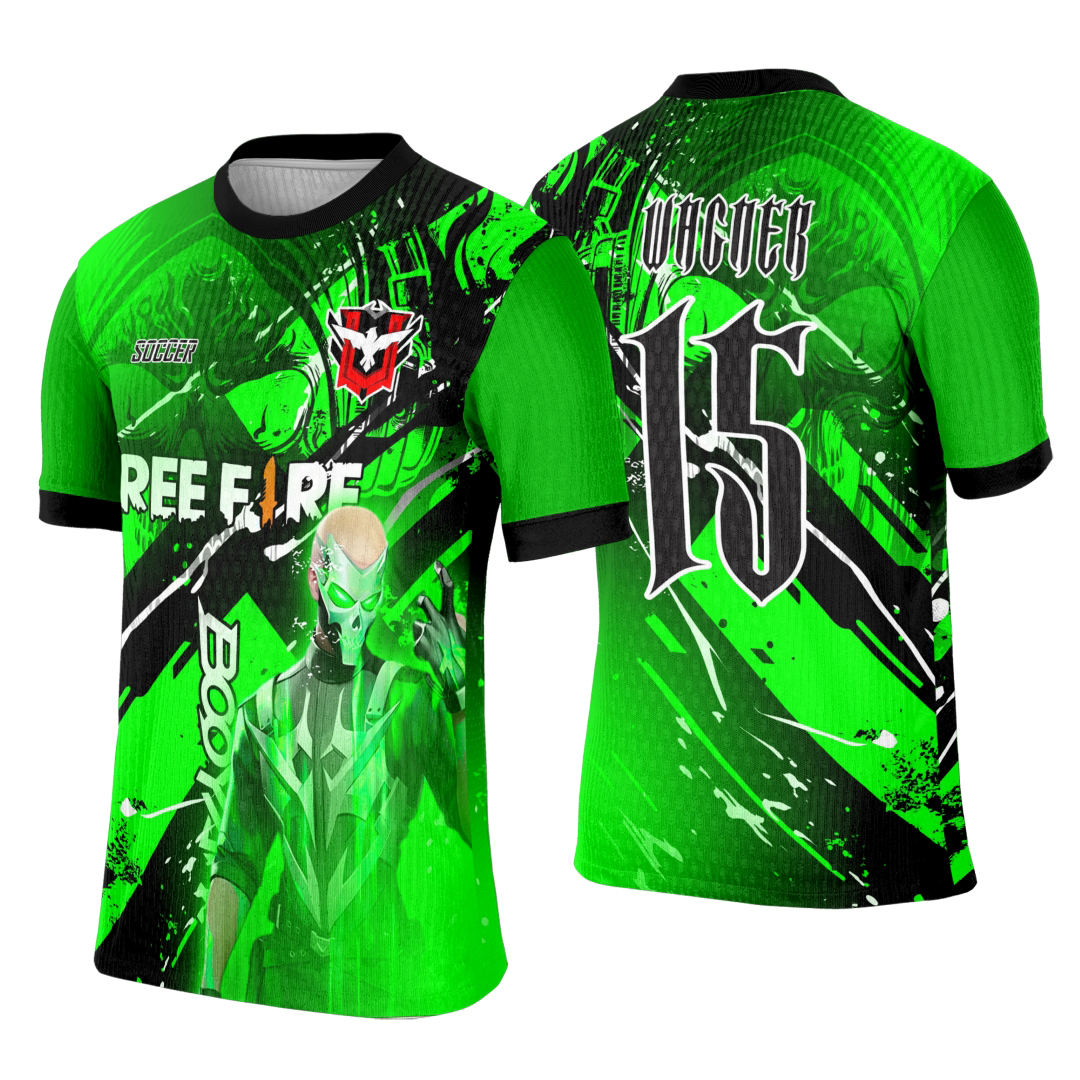 Camiseta unissex preta com logo no peito e estampa grande nas costas com tema Template Camisa Interclasse Free Fire 0105, ideal para eventos e uso casual.