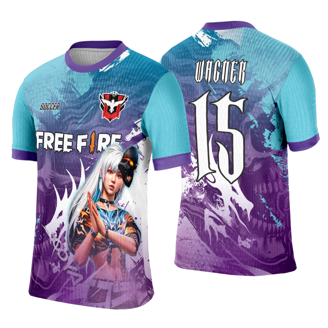 Camiseta unissex preta com logo no peito e estampa grande nas costas do tema Camisa Interclasse Free Fire 0106, ideal para fãs do jogo em eventos ou uso casual.