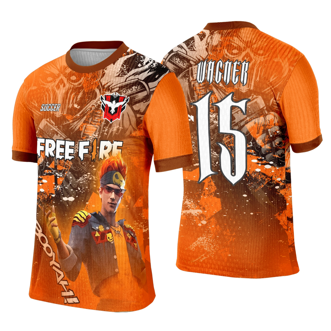 Foto da camiseta unissex preta com logo no peito e estampa grande nas costas inspirada no Template Camisa Interclasse Free Fire 0107, ideal para fãs do jogo e eventos escolares.