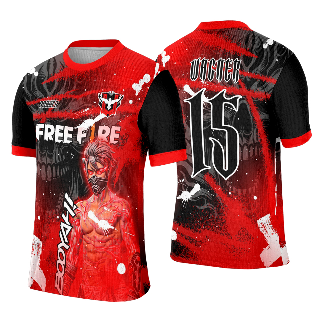 Camiseta unissex preta com logo no peito e estampa grande nas costas do tema Interclasse Free Fire Vermelha, design ideal para fãs do jogo, destacando estilo e conforto.
