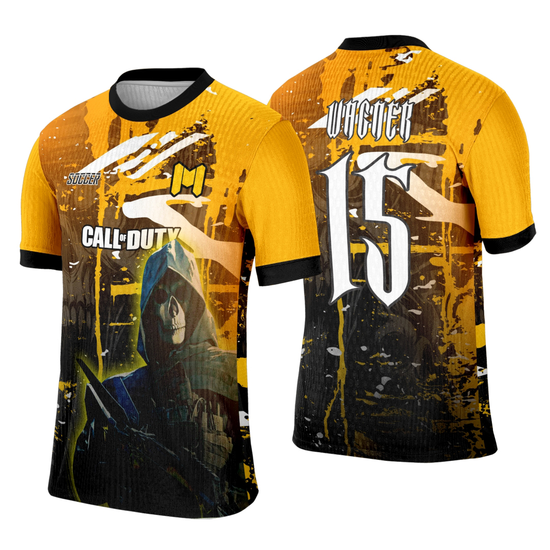 Camiseta unissex preta com logo no peito e estampa grande nas costas inspirada no game Call of Duty, ideal para eventos interclasse e fãs do jogo.