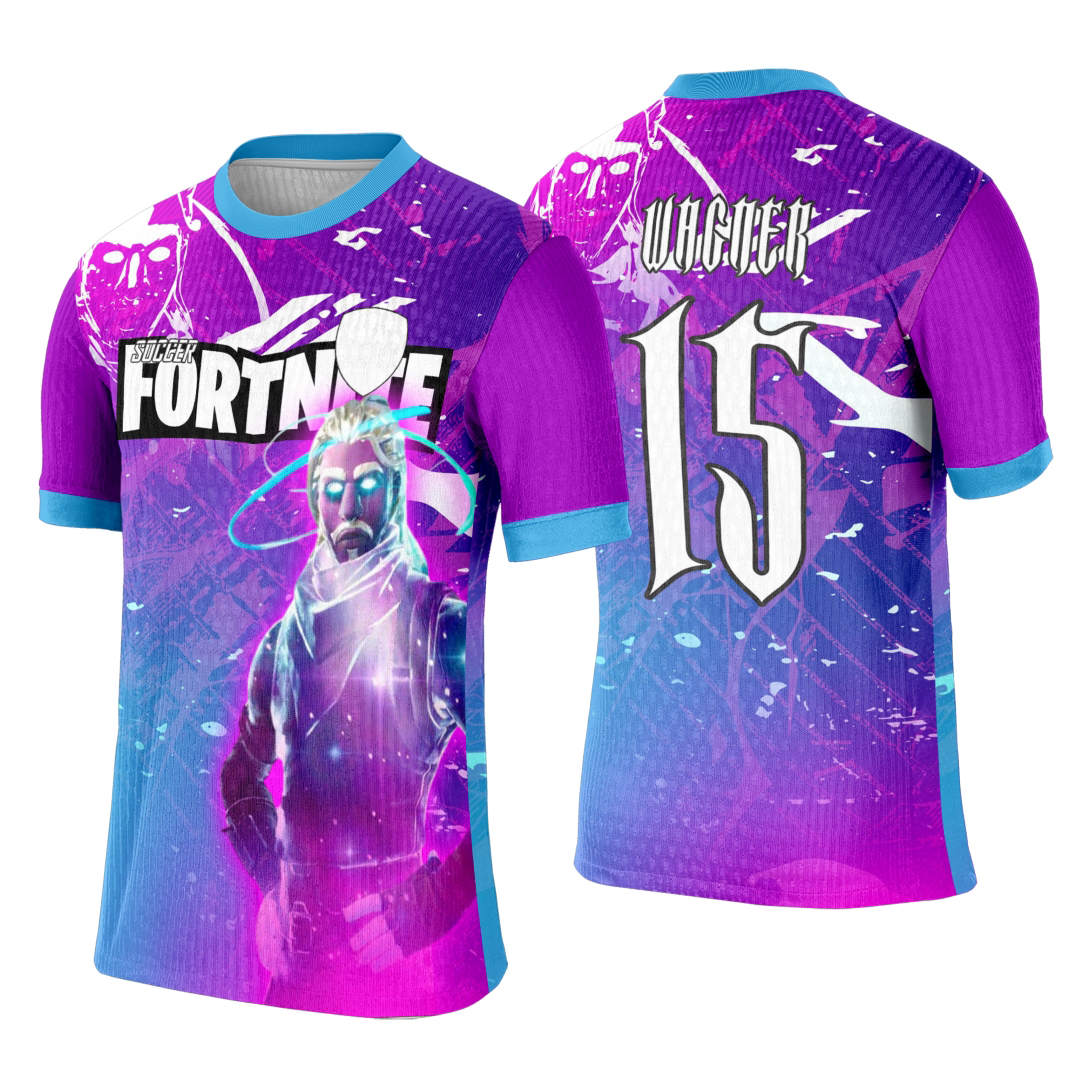 Camiseta unissex preta com logo no peito e estampa grande nas costas inspirada no game Fortnite, ideal para eventos interclasse e fãs do jogo.