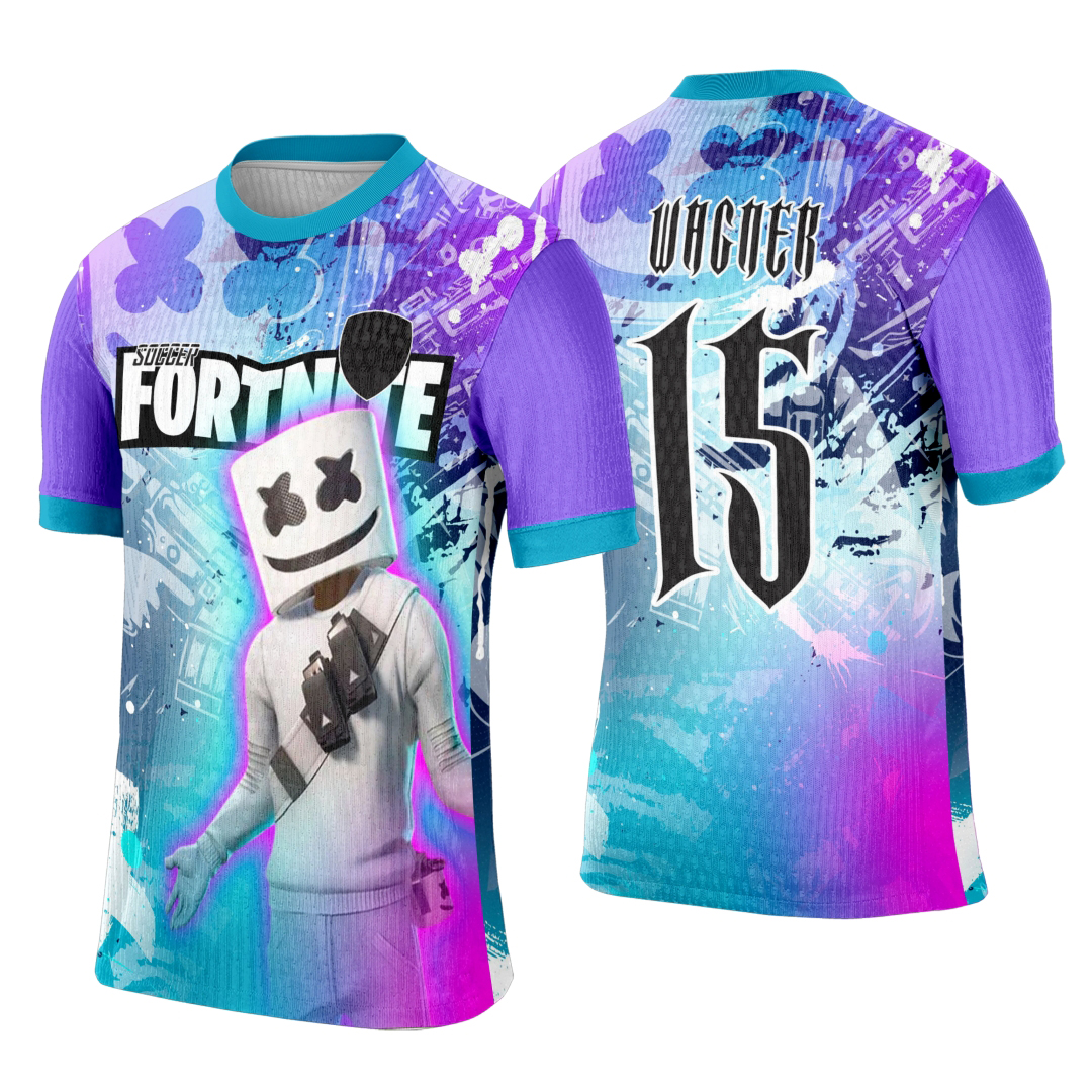 Camiseta unissex preta com logo no peito e estampa grande nas costas inspirada no tema Fortnite e interclasse game, ideal para eventos e fãs do jogo.