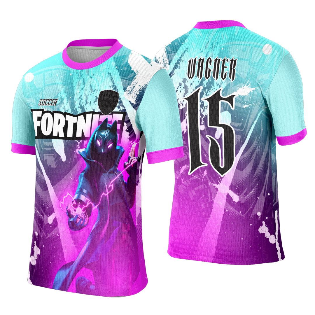 Camiseta unissex preta com logo no peito e estampa grande nas costas do tema Interclasse Game Fortnite, ideal para fãs do jogo e eventos escolares.