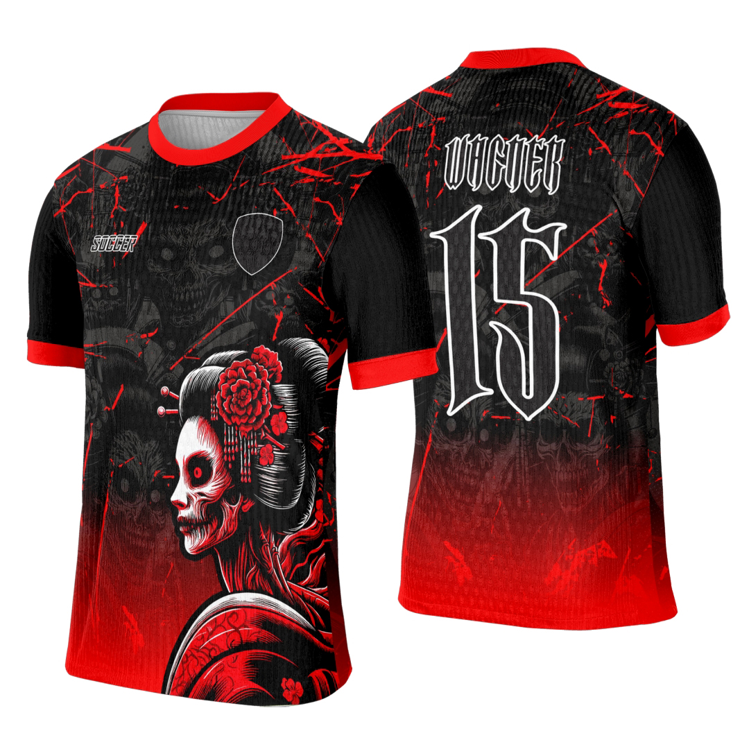 Camiseta unissex preta com logo no peito e estampa grande nas costas inspirada em Geisha Japonesa, estilo tradicional e elegante, ideal para eventos interclasse e uso casual.