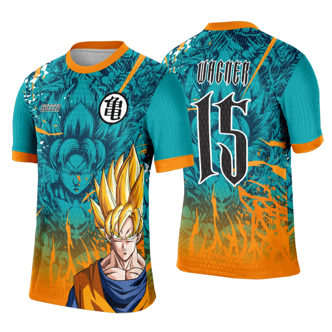 Camiseta unissex preta com logo no peito e estampa grande nas costas do Goku Super, perfeita para eventos interclasses e fãs de anime