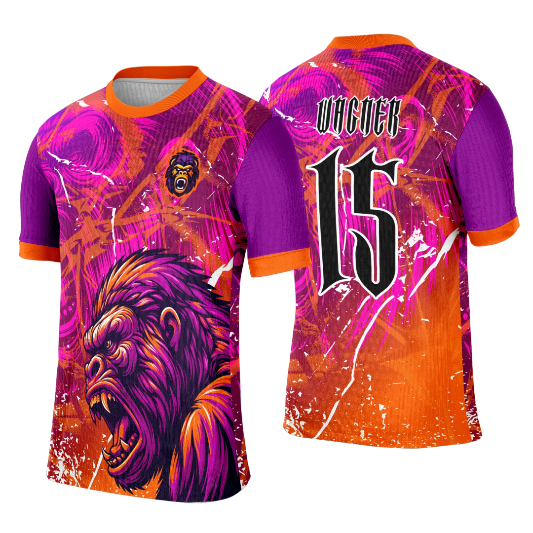 Camiseta unissex preta com logo no peito e estampa grande nas costas apresentando o design de gorila em degrade, ideal para eventos interclasse com estilo moderno e marcante.