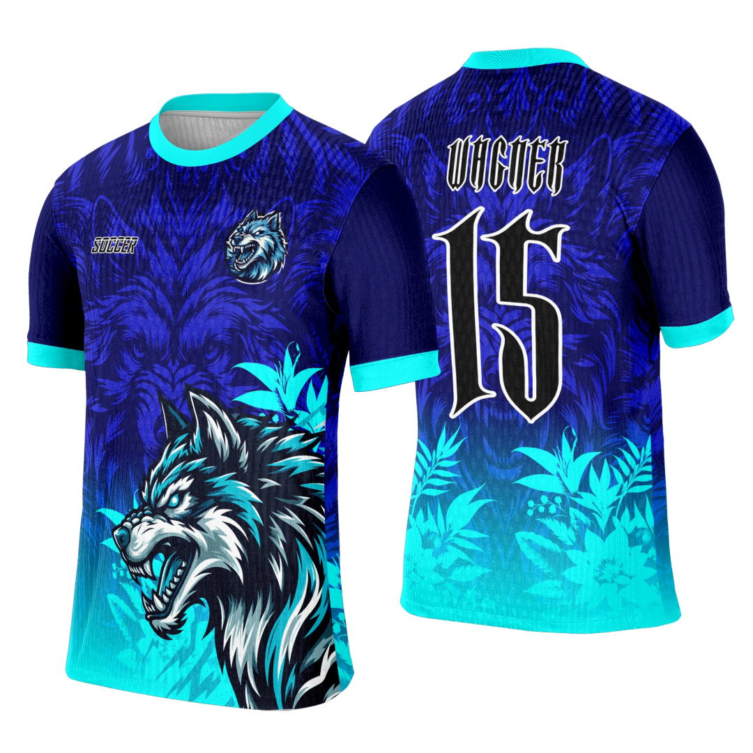 Camiseta unissex preta com logo no peito e estampa grande nas costas mostrando um lobo azul intenso, perfeito para eventos interclasse com visual marcante e moderno.