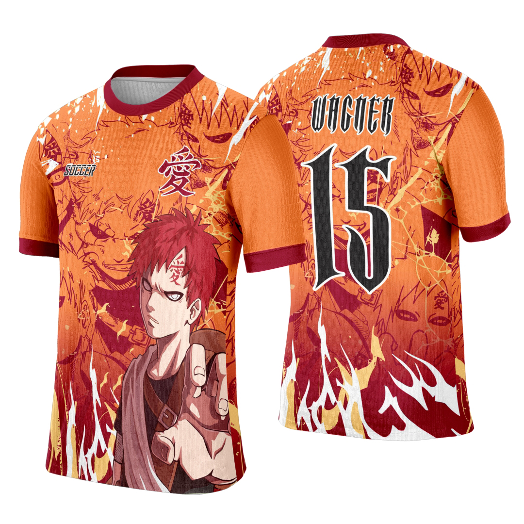 Camiseta unissex preta com logo no peito e estampa grande nas costas do personagem Gaara inspirado em Naruto, perfeita para eventos interclasse.