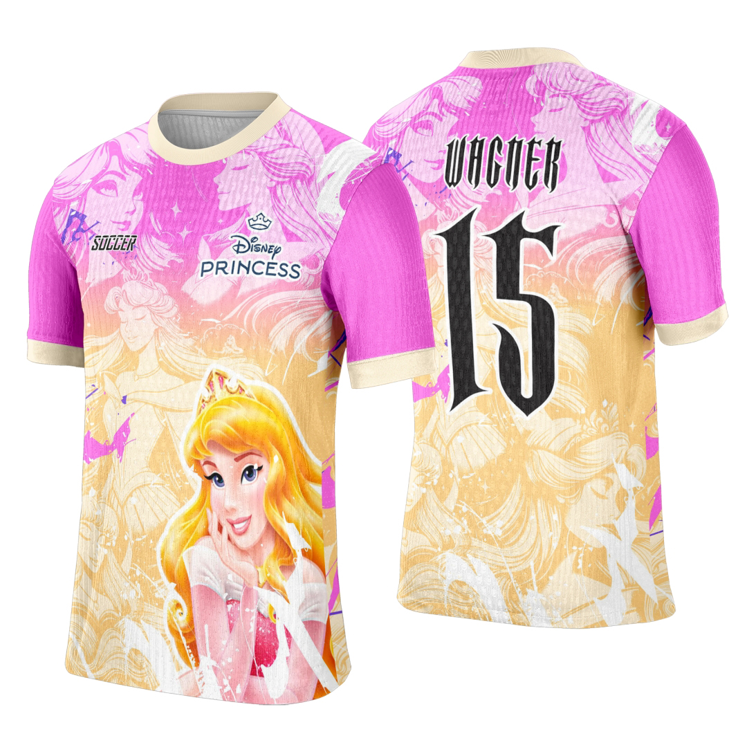 Camiseta unissex branca com logo no peito e estampa grande nas costas com tema Princesa Aurora, ideal para eventos interclasse com visual marcante e elegante