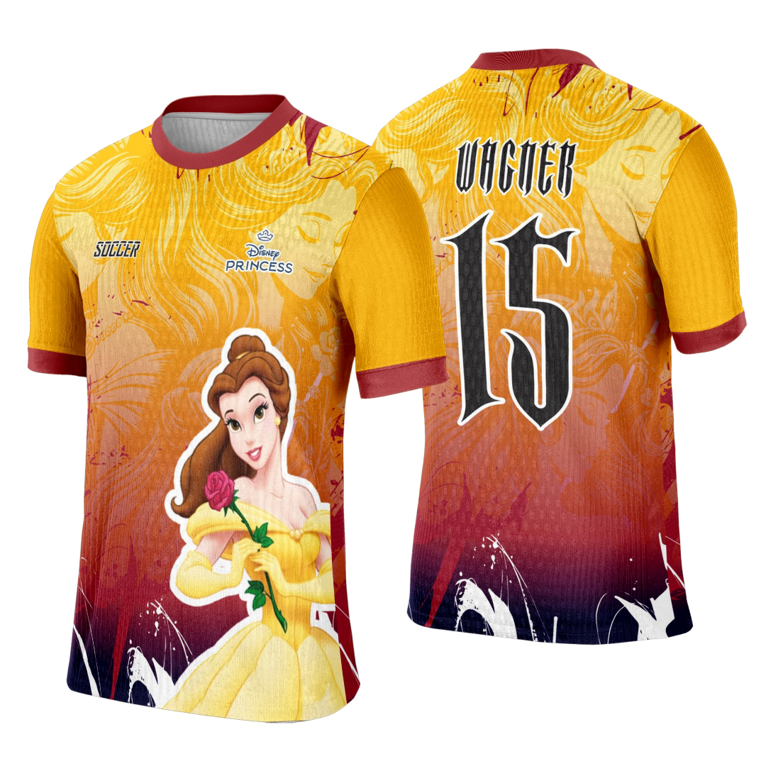 Camiseta unissex branca com logo no peito e estampa grande nas costas mostrando tema Princesa Bella para evento interclasse, design vibrante e detalhes delicados.