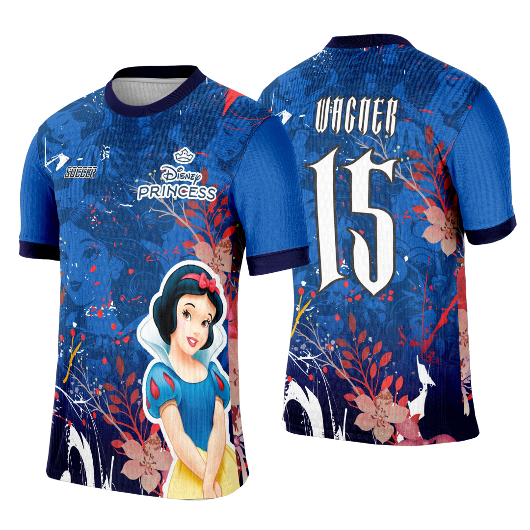 Camiseta unissex branca com logo no peito e estampa grande nas costas, mostrando a Princesa Branca de Neve em design vibrante para eventos interclasse.