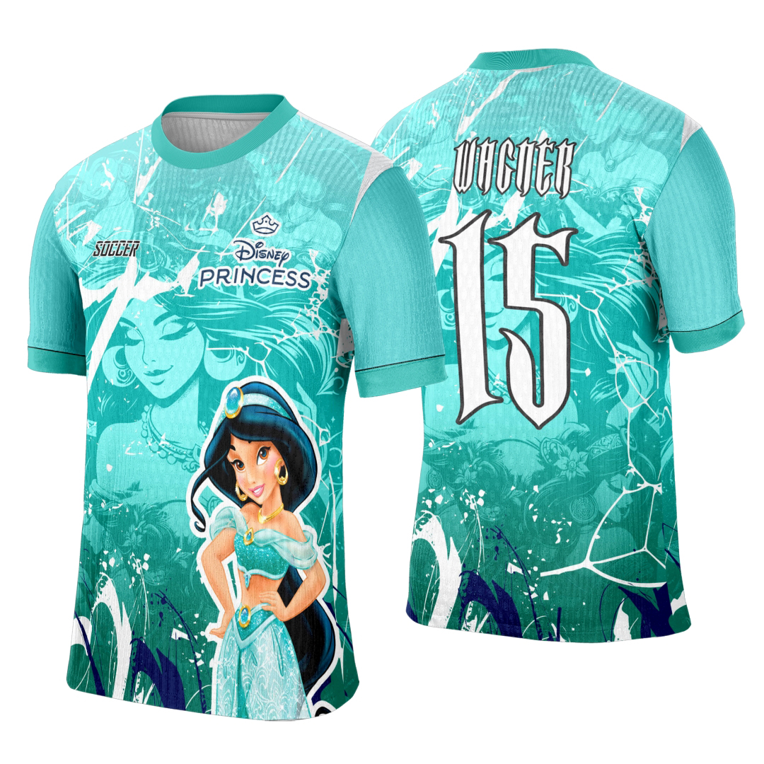 Camiseta unissex branca com logo no peito e estampa grande nas costas inspirada na Princesa Jazmin, perfeita para eventos interclasse, com design vibrante e moderno.