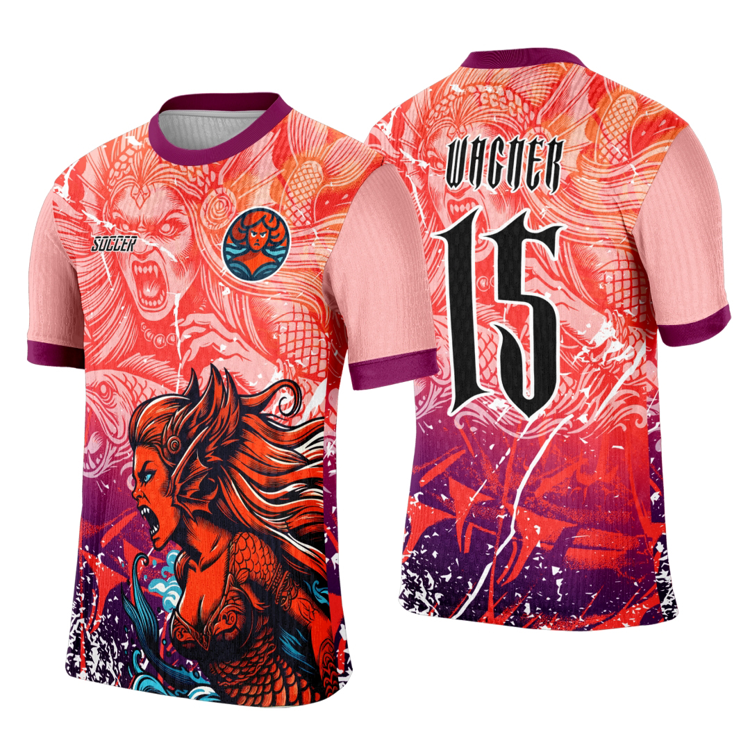 Camiseta unissex com base preta, logo no peito discreto e estampa grande nas costas com tema sereia para competição Interclasse 2025 em design moderno e vibrante.