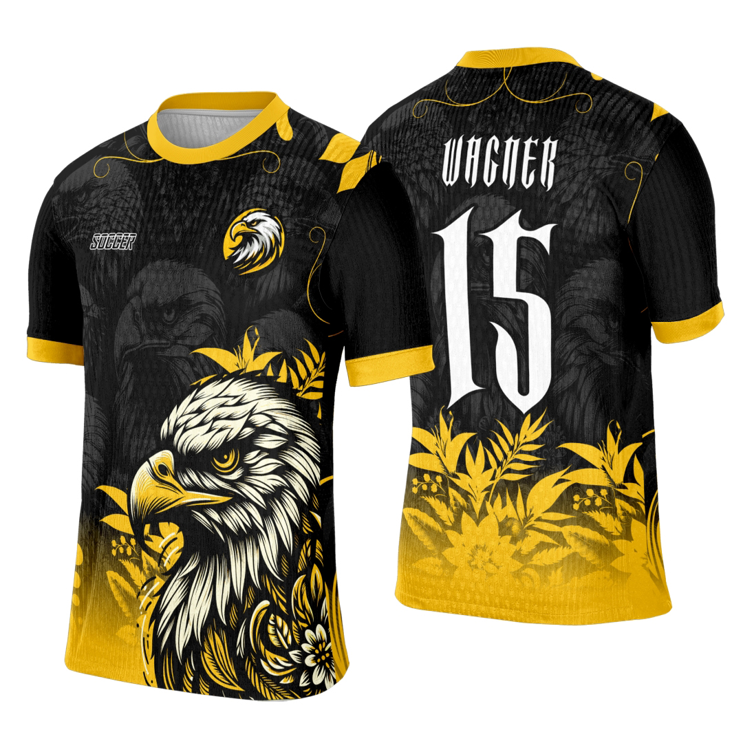 Camiseta unissex preta com logo no peito e estampa grande nas costas do tema Interclasse Águia Gold 0150, ideal para eventos e times escolares.