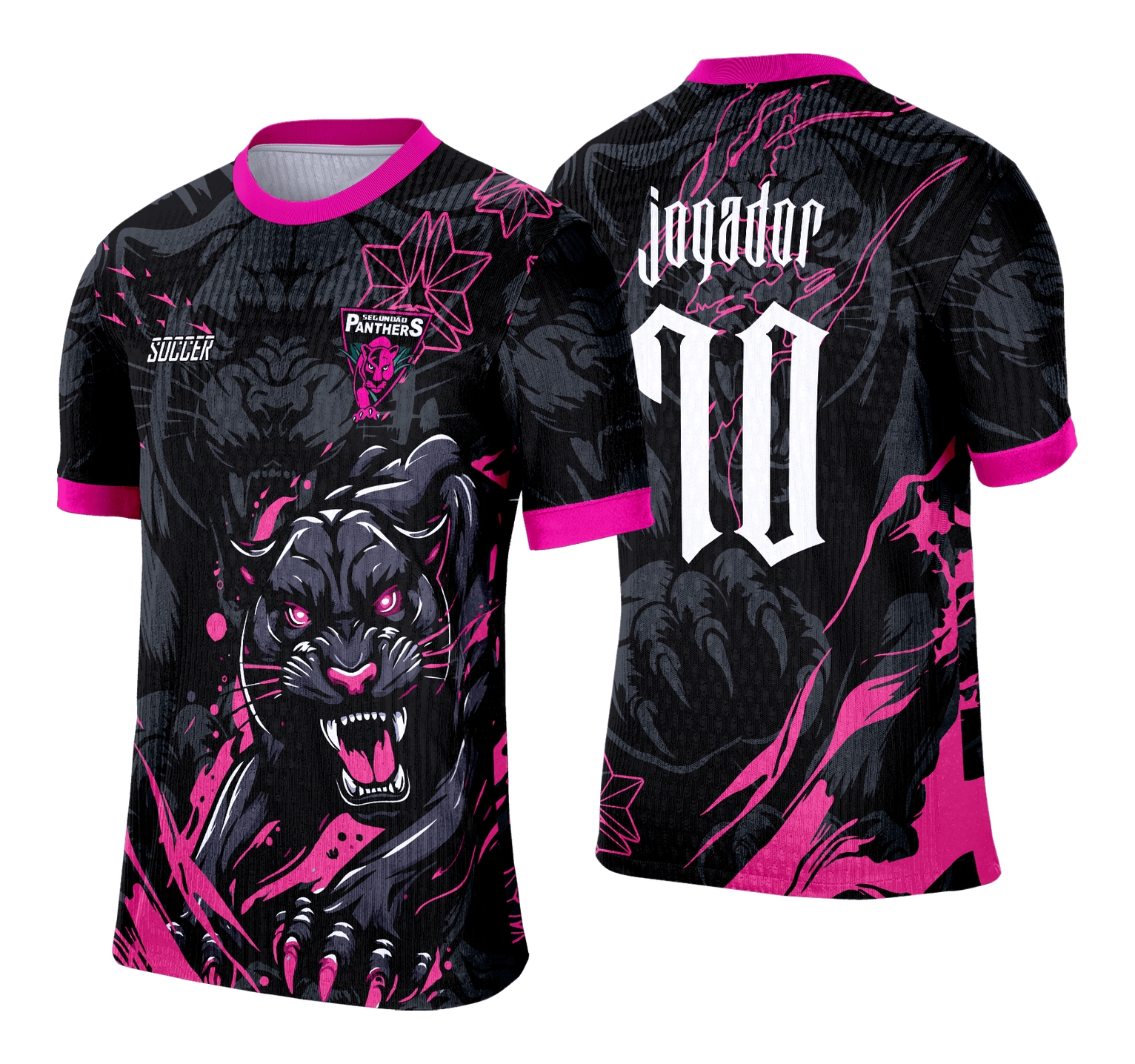 Camiseta unissex preta com logo no peito e estampa grande nas costas mostrando Pantera Negra com Rosa, ideal para evento Interclasse 2025.