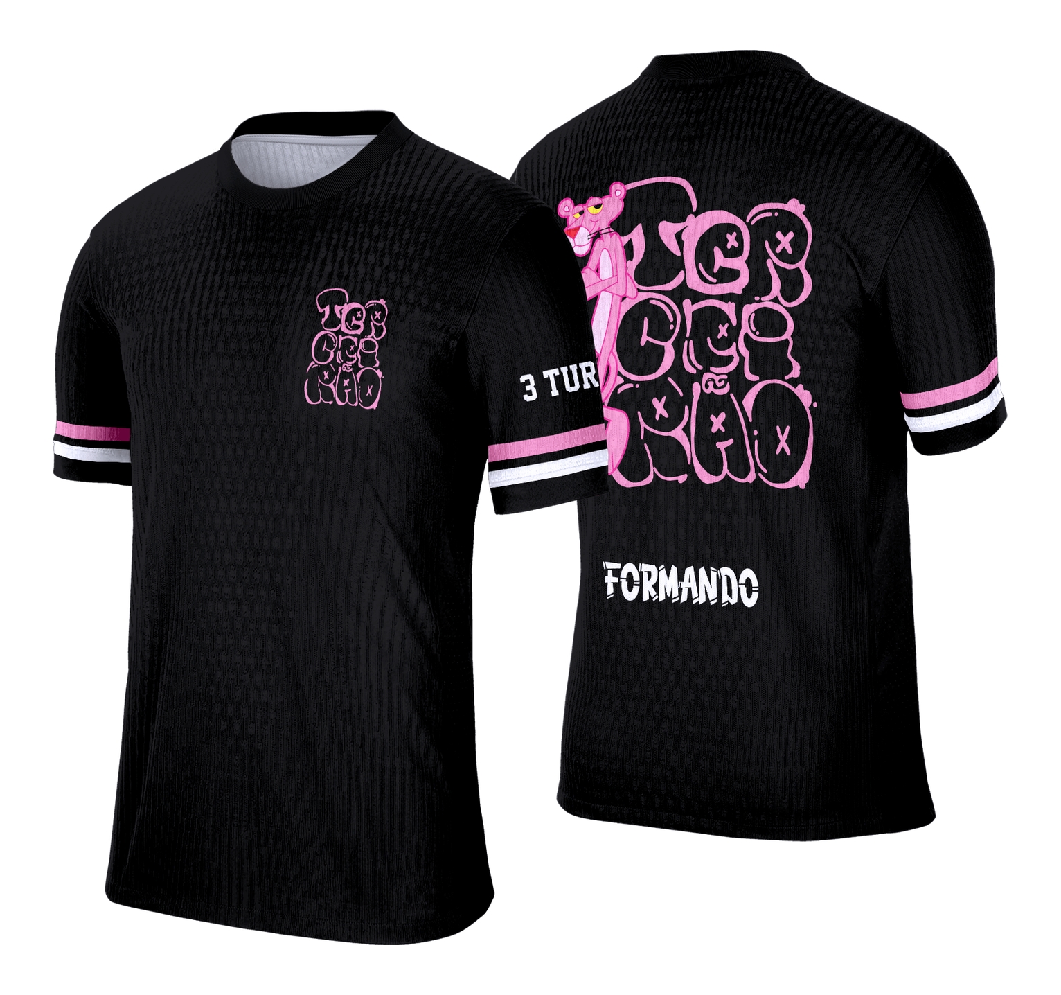 Camisa com logo no peito e estampa grande nas costas apresentando uma pantera rosa estilizada em design vibrante para concluintes do terceirão com toque moderno e marcante