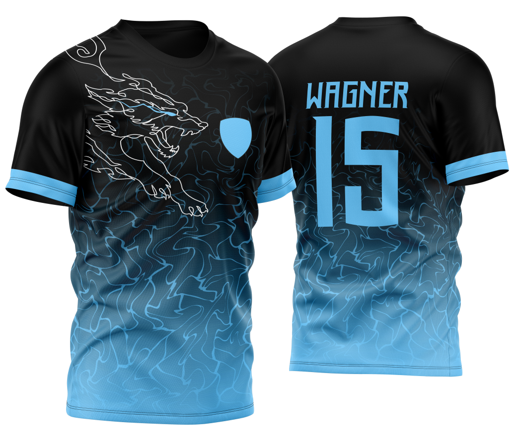 Camiseta unissex preta com logo no peito e estampa grande nas costas de Lobo Coiote em traço linha azul, estilo InterClasse 2023, perfeita para quem busca design moderno e marcante.