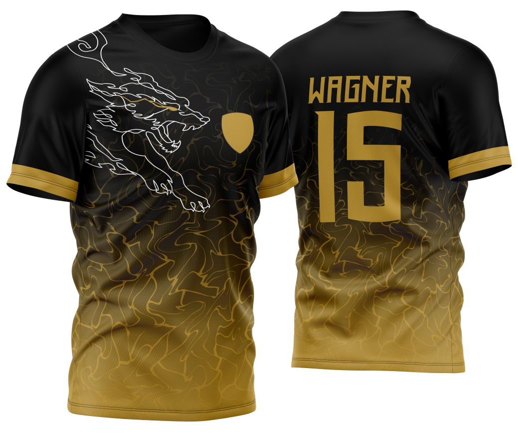 Camiseta unissex preta com logo no peito e estampa grande nas costas apresentando Lobo e Coiote em traço dourado estilo InterClasse 2023.