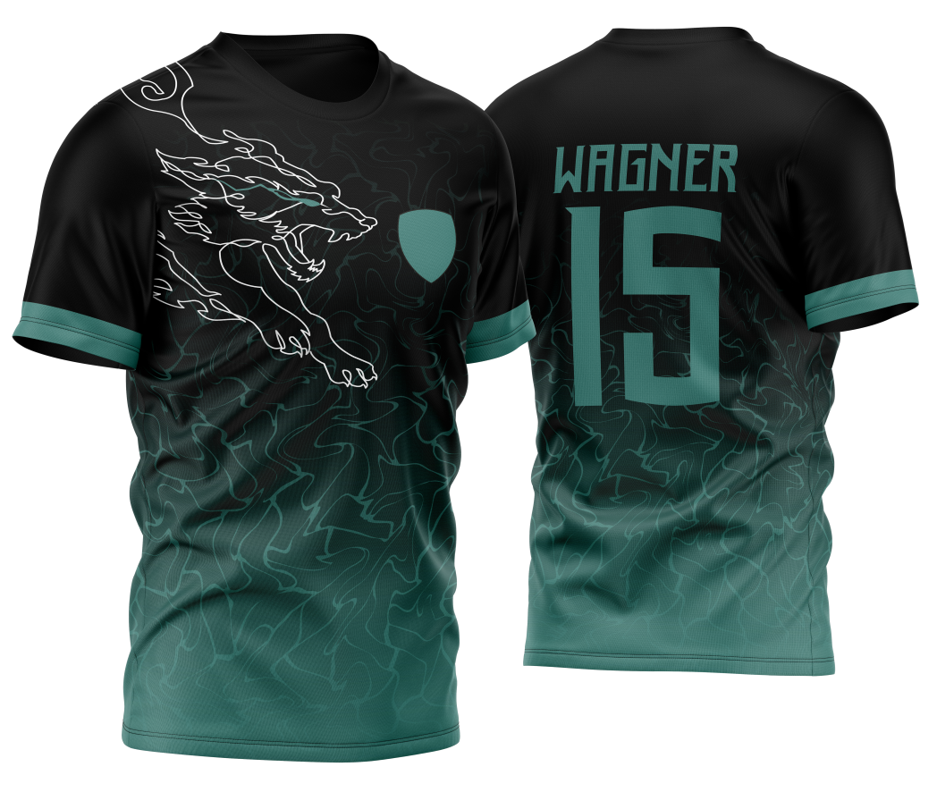 Camiseta unissex verde com logo no peito e estampa grande nas costas com motivo de lobo e coiote em traço de linha, ideal para quem busca estilo e conforto.