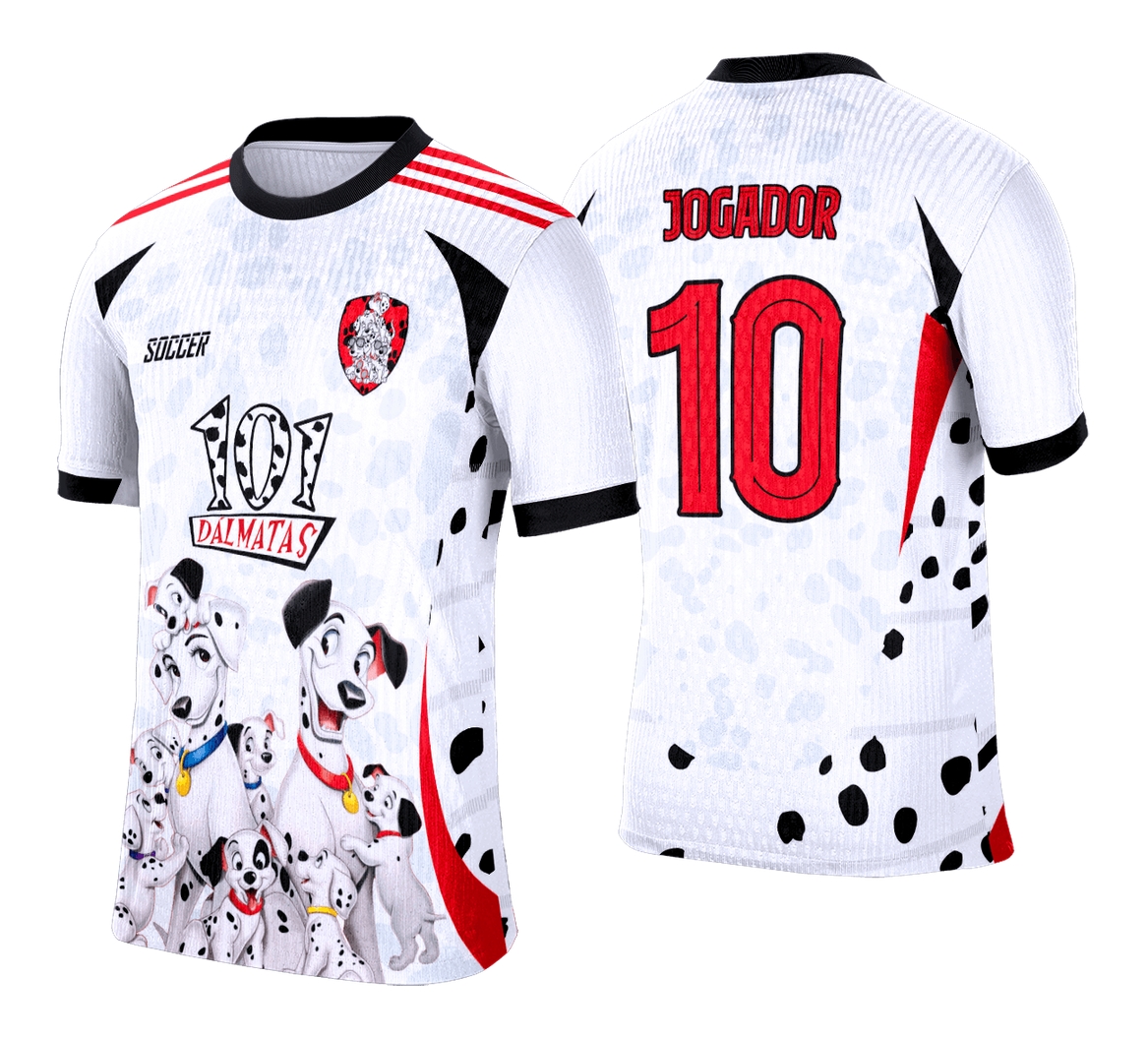 Camiseta unissex branca com logo no peito e estampa grande nas costas inspirada no tema 101 Dálmatas Interclasse, ideal para evento escolar ou fã da animação.