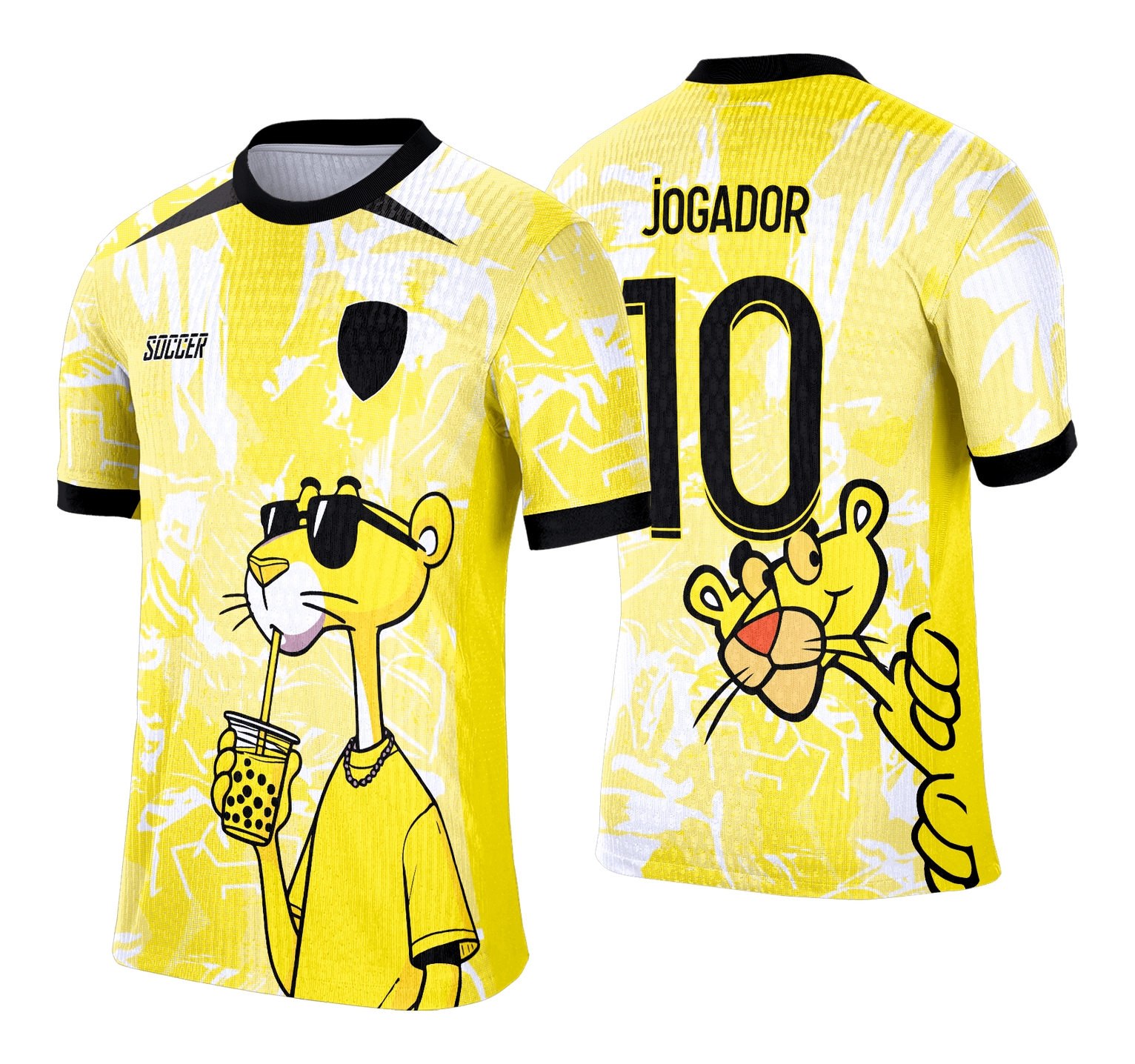 Camiseta unissex preta com logo no peito e estampa grande nas costas mostrando Pantera Cor de Rosa em estilo Interclasse 2025, ideal para uso casual e eventos escolares.