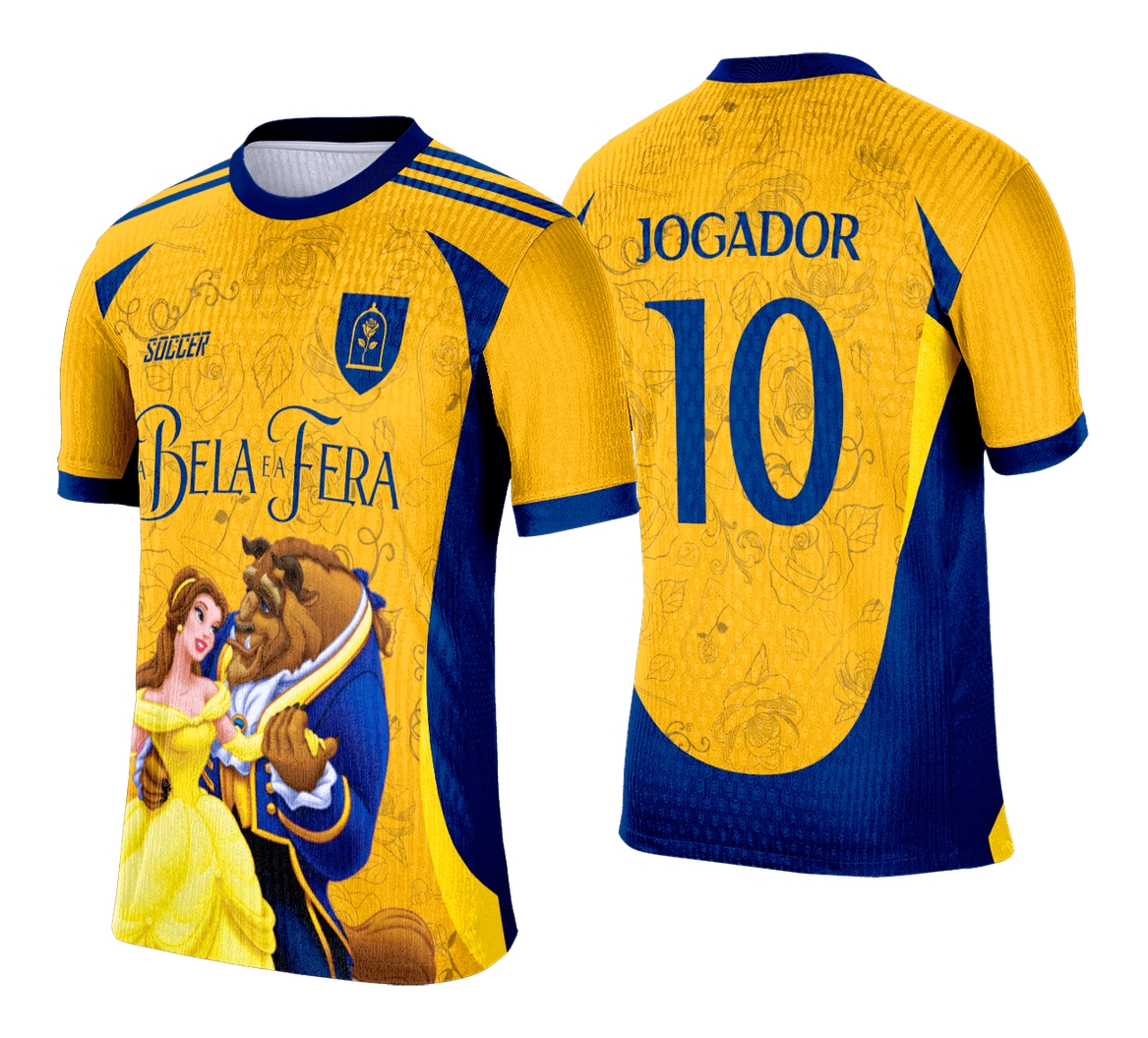 Camiseta unissex preta com logo no peito e estampa grande nas costas com tema Interclasse A Bela e a Fera, design vibrante e moderno, perfeita para fãs do clássico conto.