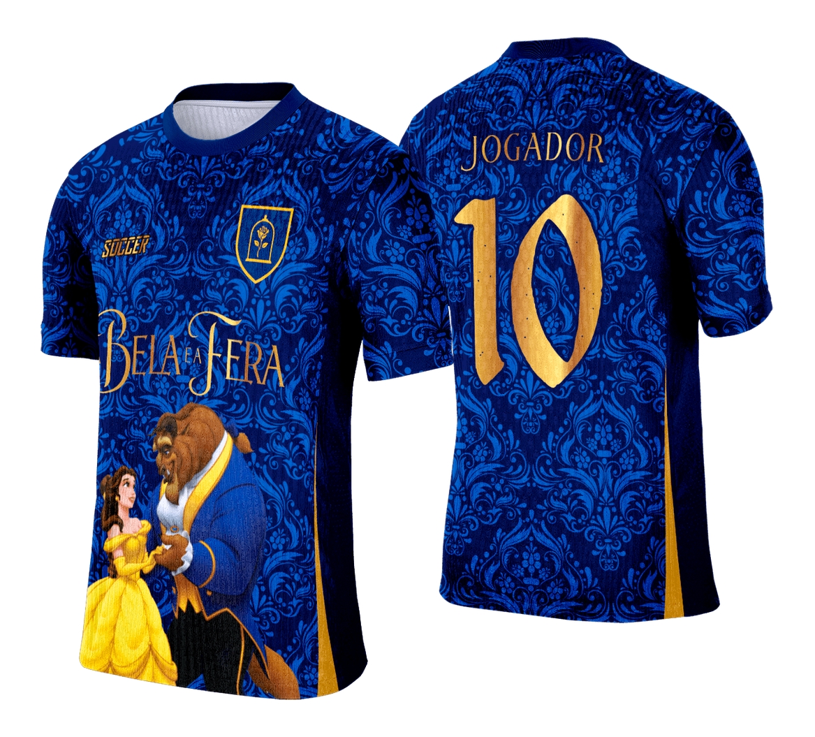 Camiseta unissex preta com logo no peito e estampa grande nas costas baseada no tema Interclasse A Bela e a Fera, ideal para eventos escolares e fãs do clássico conto.