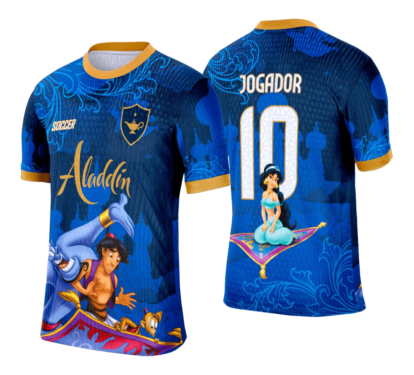 Camiseta unissex branca com logo no peito e estampa grande nas costas inspirada em Interclasse Aladdin, design moderno e atraente para eventos escolares e temáticos.
