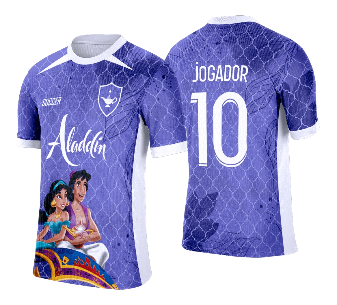 Camiseta preta unissex com logo no peito e estampa grande nas costas com tema Interclasse Aladdin, design vibrante e moderno para eventos escolares e grupos.