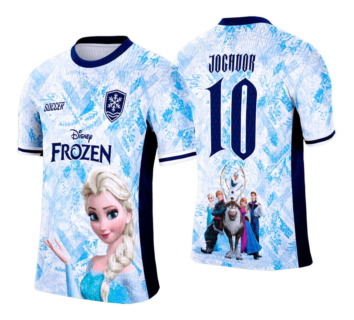 Camiseta unissex preta com logo no peito e estampa grande nas costas do tema Interclasse Frozen, ideal para eventos escolares e confraternizações.