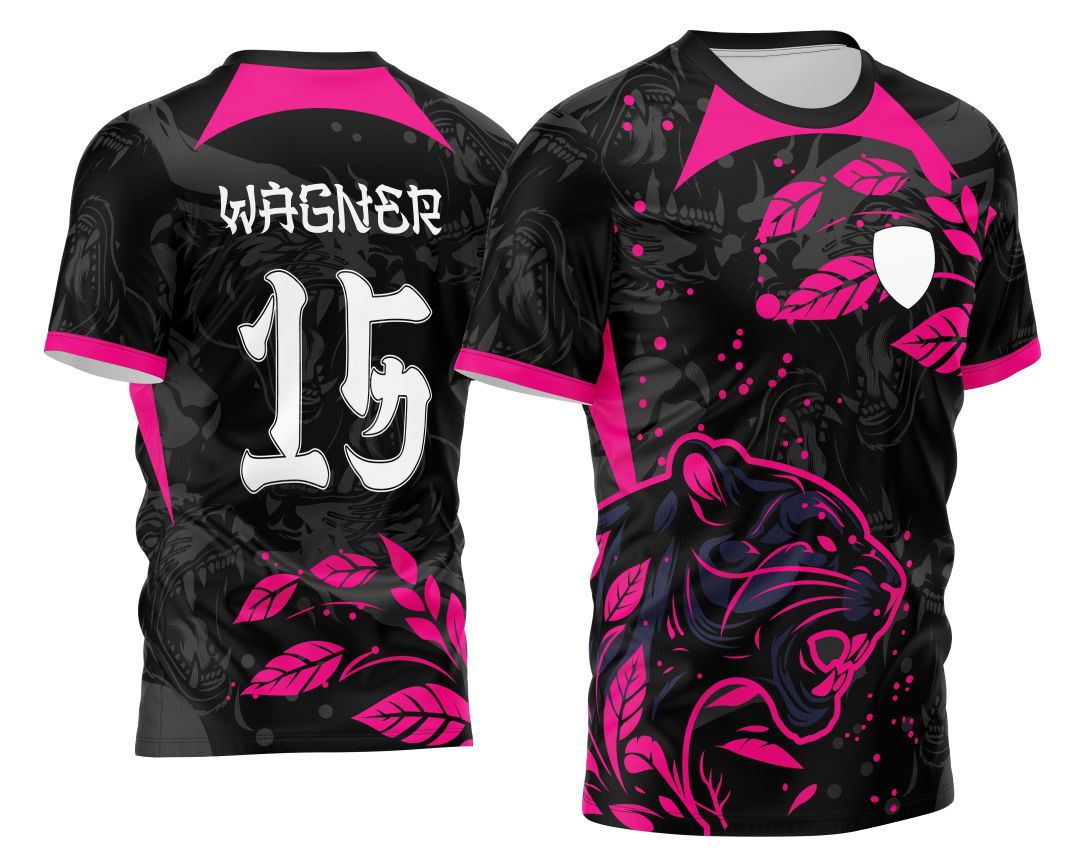 Camiseta unissex preta com logo no peito e estampa grande nas costas com tema de Jogos Internos 2024 da Pantera Rosa, ideal para eventos escolares e interclasses.