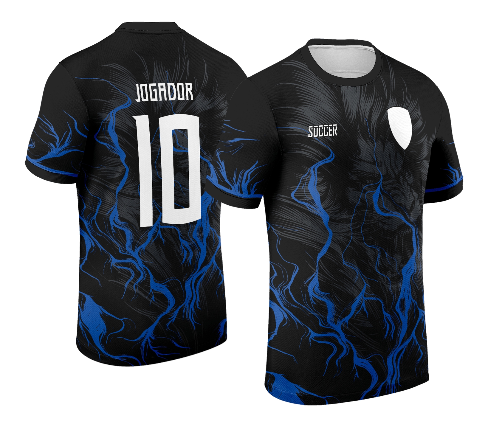 Camiseta unissex preta com logo no peito e estampa grande nas costas mostrando um leão em chamas azuis, design marcante para fãs de interclasse e símbolos fortes.