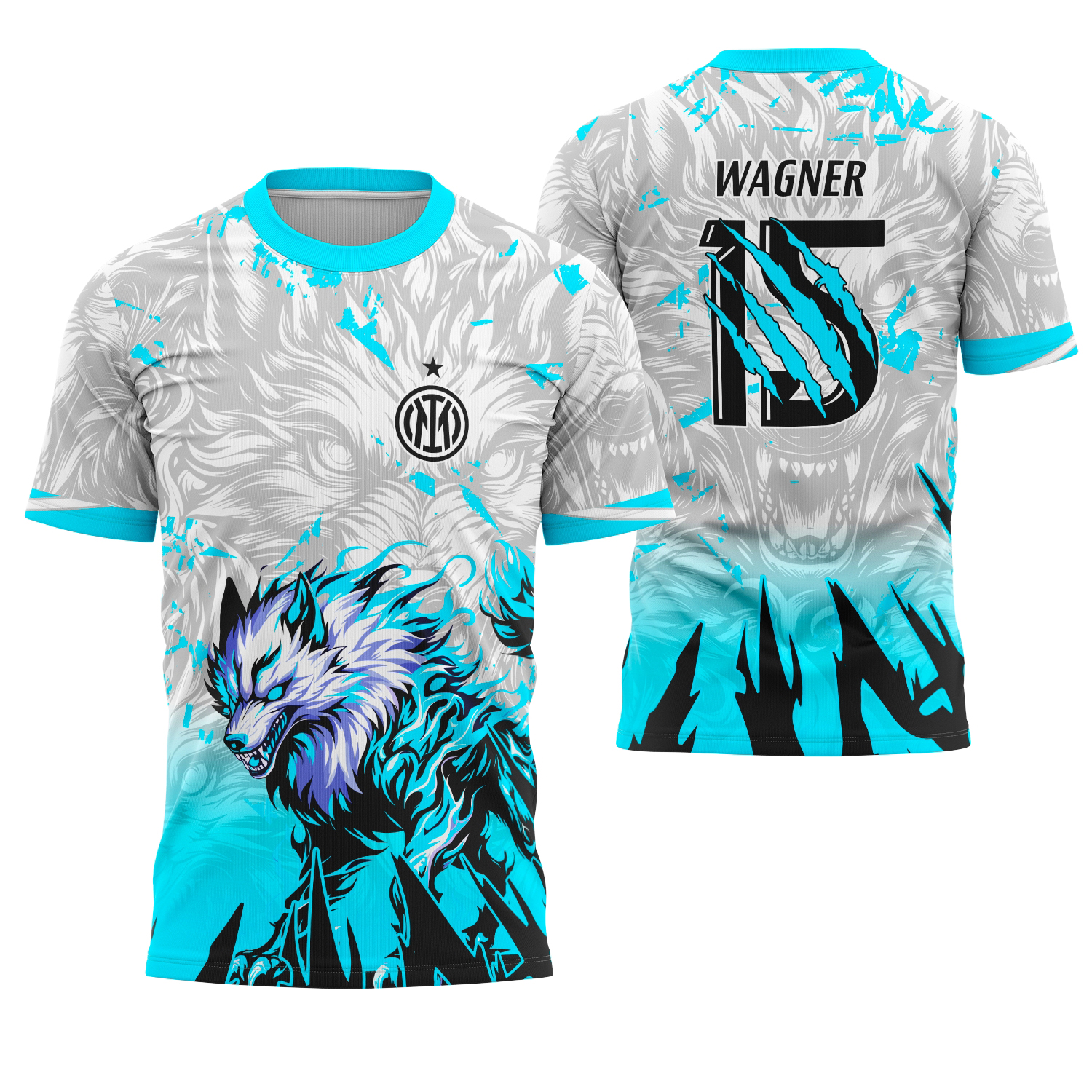 Camiseta unissex com base preta, logo no peito e estampa grande nas costas com tema do Interclasse Lobo Azul 2025, design marcante e moderno para destaque no visual.