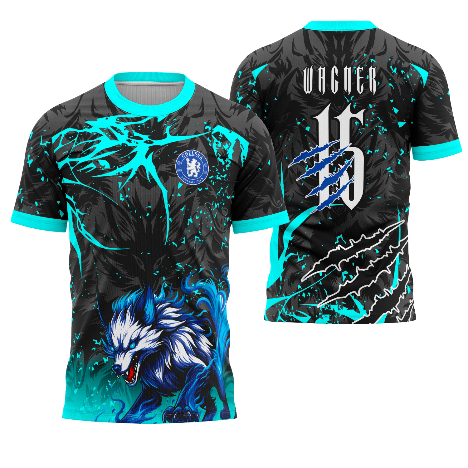 Camiseta unissex preta com logo no peito e estampa grande nas costas mostrando o tema Interclasse Lobo Fogo 2025, destaque para detalhes vibrantes e visual moderno.