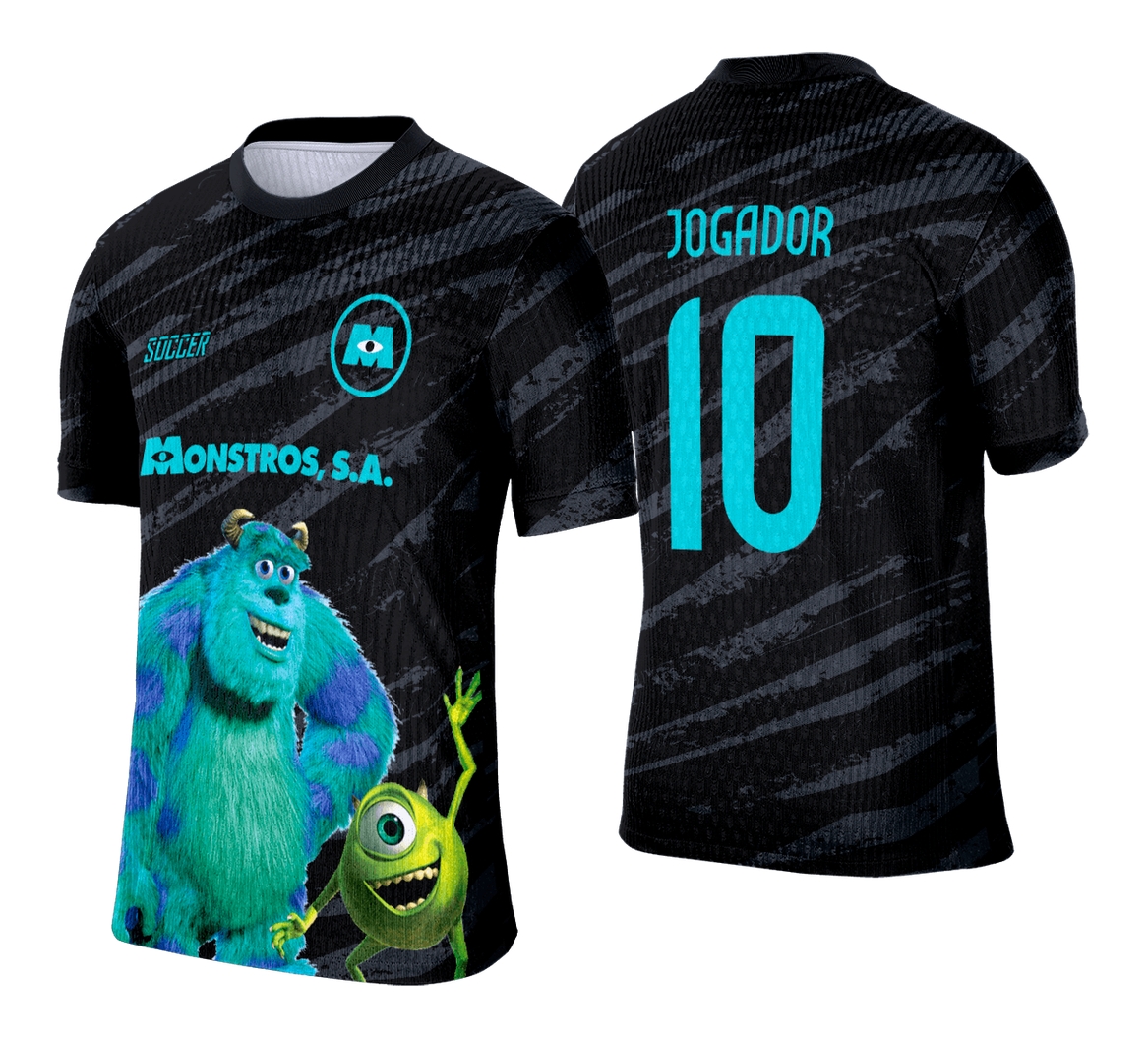 Camiseta unissex preta com logo no peito e estampa grande nas costas inspirada em Monstros S.A, ideal para fãs do tema interclasse.